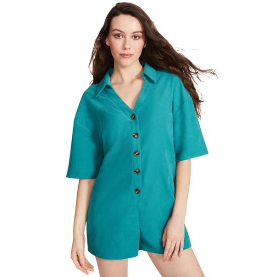 BUTTON UP ROMPER TEAL